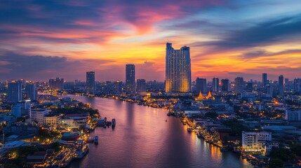 Fototapeta premium Stunning sunset over chao phraya river bangkok landscape photography urban environment aerial view serenity