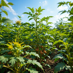 Obraz premium Green Plant Field Growing Under Blue Sky Agriculture Scene