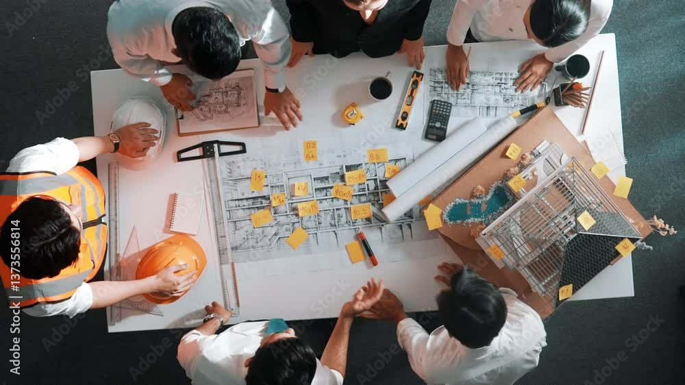 Poster top down view of skilled engineer team talking while measuring house model. aerial view of group of 