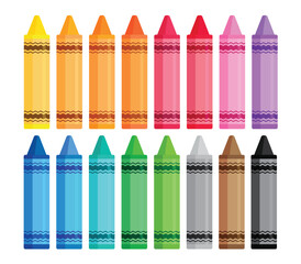 Colorful crayons clipart set. School wax crayons elements for students and pupils drawing art material clipart collection in rainbow color hand drawn flat icon vector illustration.
