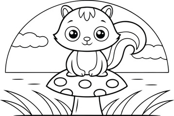 Cartoon Cute Squirrel on Mushroom Line Art Illustration, Coloring Outline