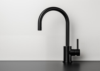 Matte black modern kitchen faucet with a sleek curved design. This stylish faucet adds contemporary touch to kitchen interiors with its minimalist structure.