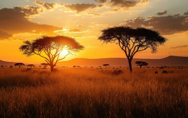 Obraz premium Stunning sunset over a vast savanna, silhouettes of acacia trees and wildlife in the distance