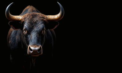 Naklejka premium Dirty Bull on Dark Background for Running of the Bulls Event, Fierce, Powerful, Wild Animal with Copyspace, Stock Photo
