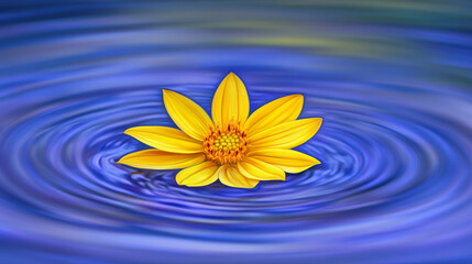 vibrant yellow flower floats gracefully blue water, creating