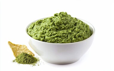 Of a bowl of fresh guacamole with tortilla chips isolated on white