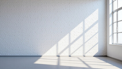 Fototapeta premium Minimalistic White Brick Wall with Window Shadows, Clean Empty Interior Design Background, Modern Industrial Loft Style, Neutral Texture for Creative Projects