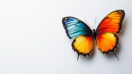 Naklejka premium A single bright butterfly in a rainbow of colors, gracefully perched on a white background, with ample empty space on the bottom for a custom message.