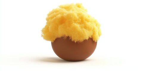 Caramel chocolate truffle with bright yellow cotton candy filling, isolated on white background