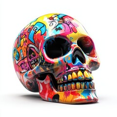 Graffiti-style smiling skull with bright spray paint patterns and urban attitude, isolated on white