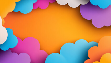 Colorful abstract background with vibrant orange, purple, and blue paper clouds creating playful and cheerful atmosphere