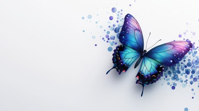 A vibrant butterfly with intricate wing patterns in shades of blue and purple, gracefully positioned on a clean white background with ample negative space for text.