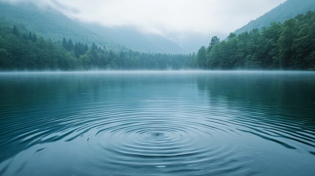 A tranquil lakeside view on a rainy morning, taken at eye level. Gentle ripples form as raindrops touch the water's surface, while misty mountains in the background fade into the horizon.
