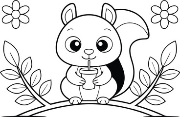Cartoon Squirrel Drinking from Cup on Branch with Flowers Outline Transparent