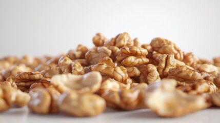 Obraz premium A 3D close-up of a handful of roasted nuts, displayed on a white background with copy space