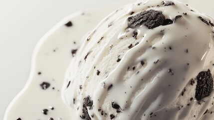 A 3D close-up of a melting cookies and cream ice cream scoop, displayed on a white background with space for text