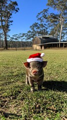 Piglet in Santa Hat, Rural Setting