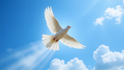 Obraz premium Holy Spirit Dove Descending from Heaven, Divine White Bird Flying in Blue Sky with Copyspace, Religious Symbol, Peace, Faith, Christianity