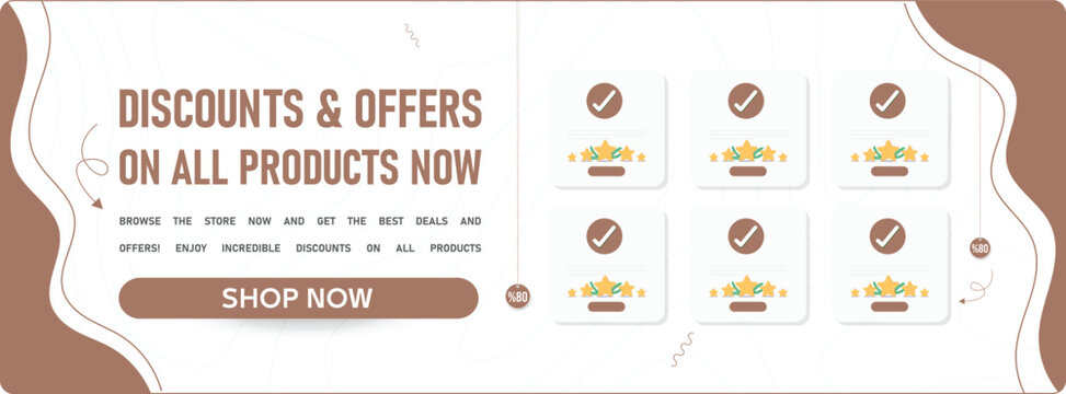Discount banner with brown and white colors, 6 customizable product display areas with star ratings, and text highlighting offers and discounts on all products. Perfect for e-commerce stores and web