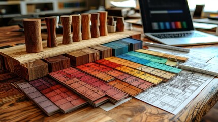 Obraz premium Colorful Wood Samples and Design Tools on a Creative Workspace