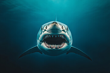powerful head-on view of a great white shark swimming with open jaws in the clear blue ocean