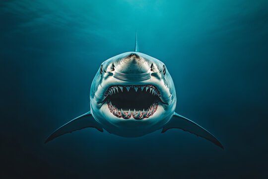 powerful head-on view of a great white shark swimming with open jaws in the clear blue ocean