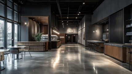 Obraz premium A cold, empty space with dark gray walls and a polished concrete floor, embodying a modern aesthetic.
