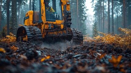 Heavy machinery working in forest clearing during autumn landscape