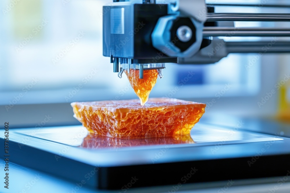 Poster honeycomb texture being crafted by a 3d printer in a bright workshop environment