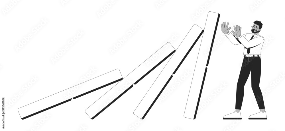 Poster economic troubles line illustration concept. domino chain reaction collapse. businessman trying to s