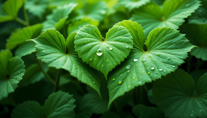 Heart-shaped leaves with water droplets in a lush and vibrant pattern