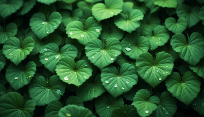 heart-shaped leaves with water droplets, arranged in a dense, overlapping pattern