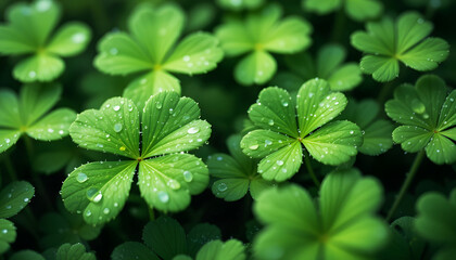 leaf clovers with water droplets, creating a sense of hope and tranquility