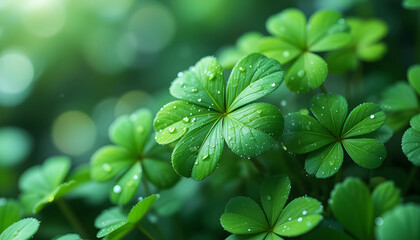 several four-leaf clovers with water droplets, arranged in a natural setting