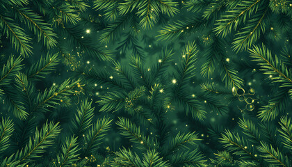 Seamless green background of Christmas fir tree branches, festive New Year pattern 