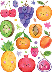 Watercolor hand painting fruits and berries set. Illustration isolated on white background. Kiwi, cherry, pineapple, raspberry, fig. Use it for cards, invitations and scrapbooking.