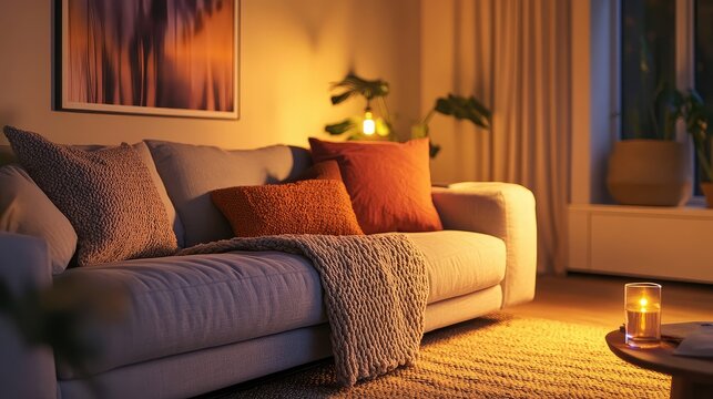 A cozy living space with a soft grey sofa, a chunky-knit cream sofa bed, and a vibrant throw, illuminated by warm lighting.