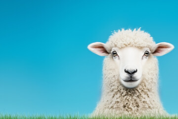 Fototapeta premium cheerful close-up of a fluffy white sheep in green grass with bright blue sky background