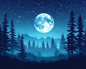 Night Forest Moon Mountain Landscape
