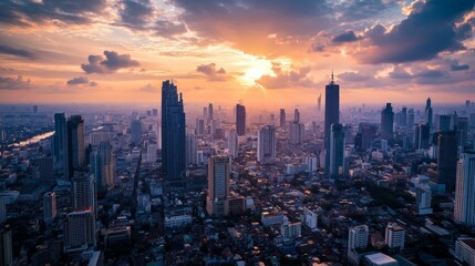 Fototapeta premium Sunset urban skyline overlooks bustling city aerial view modern architecture vibrant environment serene atmosphere