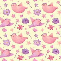 Watercolor hand painted cute birds pattern. Nursery, love, flowers, stars. Yellow background. Use it for postcards, invitations, and scrapbooking.