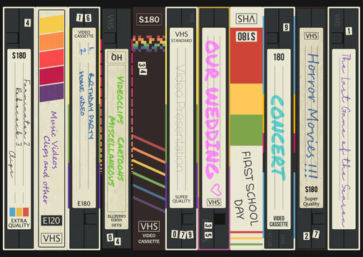 1980s VHS Cassettes Background, Old Home Video Collection Style Illustration, Vector Template for Vintage Posters, Covers, Illustrations