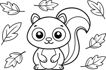 Line Art Cute Squirrel Cartoon with Autumn Leaves on Transparent Background