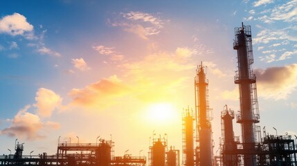 Fototapeta premium Industrial skyline at sunset with clouds and structures.