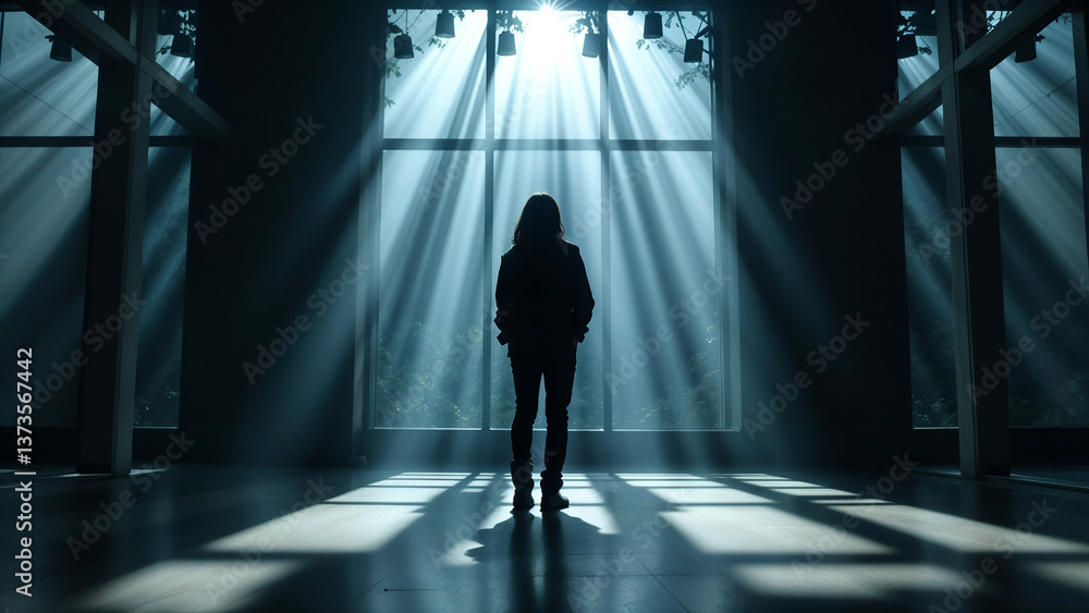 Poster silhouette of a man against a window in an empty room. generative ai