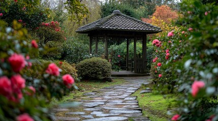 Obraz premium A serene garden pathway leading to a traditional gazebo. Bright flowers bloom on either side creating a peaceful atmosphere. Perfect for relaxation and reflection. Generative AI