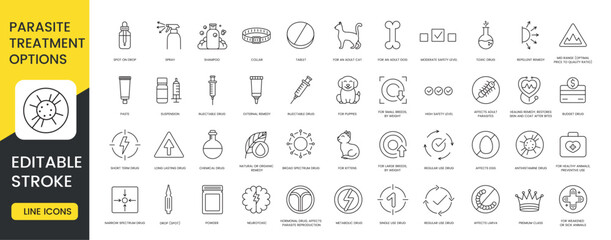A set of parasite treatment option icons in vector representing various medications remedies and preventive solutions for pet health with an editable stroke