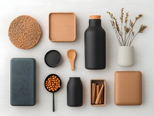 Flat lay composition showcasing an organized array of various storage containers in different materials and shapes including cardboard wicker and metal