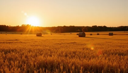 Obraz premium The rural farm meadow is bathed in the warm glow of the setting sun