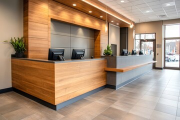A modern reception area with wood paneling and tiled floors in a well lit office space area